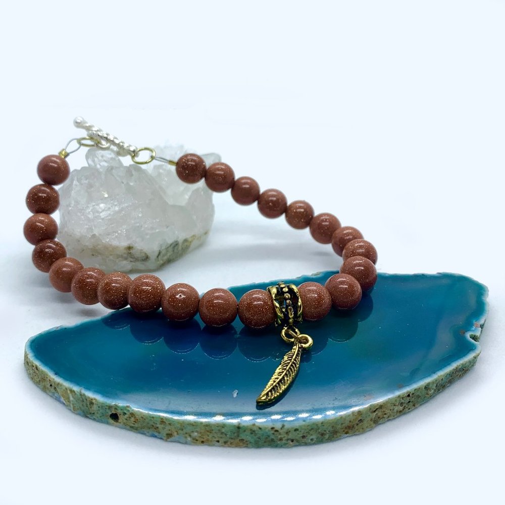 Goldstone and Feather Bracelet